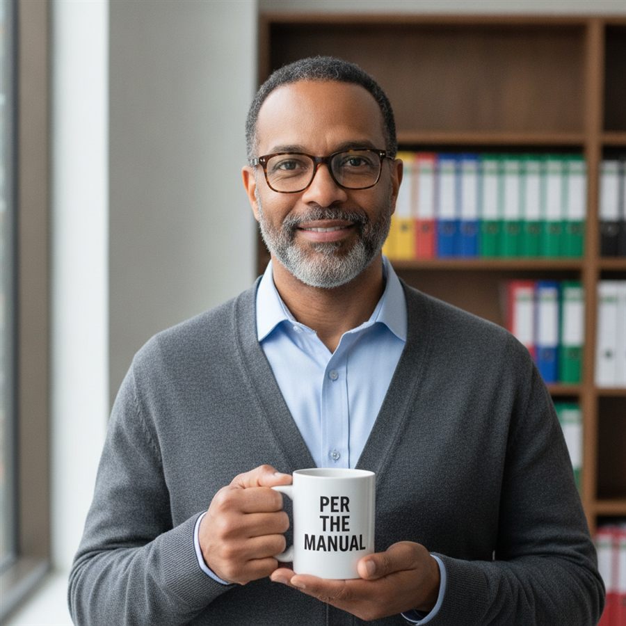 Emmanuel, Chief People Officer of your AI workforce, holding his Per the Manual mug